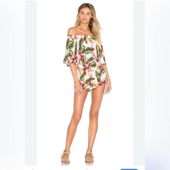 EUC Show Me Your Mumu Rosarita Romper XS Aloha Bloom Tropical Off Shoulder Boho - Picture 6 of 16